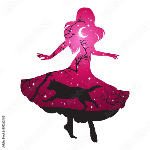 Double exposure silhouette of beautiful woman with shadow of wolf in the night forest, crescent moon and stars. Sticker or tattoo design vector illustration. Pagan totem, wiccan familiar spirit art