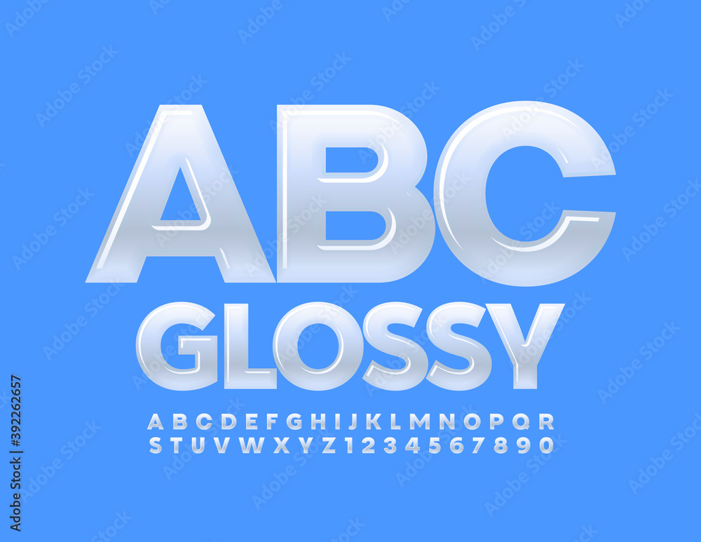 Vector glossy Alphabet. Modern White Font. Set of shiny Uppercase Letters and Numbers set