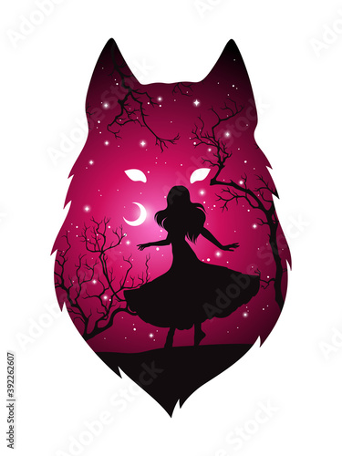 Double exposure silhouette of wolf with shadow of beautiful woman in the night forest, crescent moon and stars. Sticker or tattoo design vector illustration. Pagan totem, wiccan familiar spirit art photo