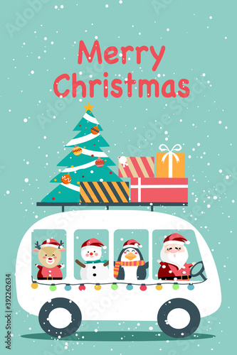 Christmas greeting card  Cute Cartoon character Santa Claus and his friends on minibus with Christmas tree and gift boxes.
