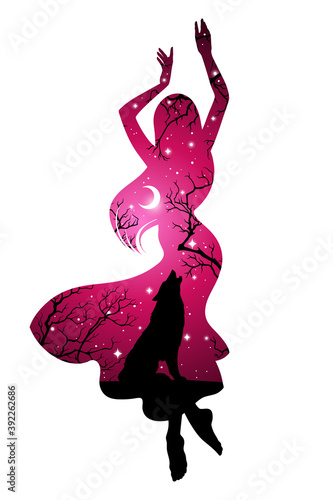 Double exposure silhouette of beautiful woman with shadow of wolf in the night forest, crescent moon and stars. Sticker or tattoo design vector illustration. Pagan totem, wiccan familiar spirit art