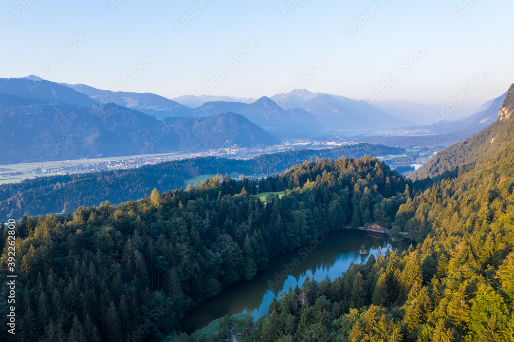 Drone panorama over Tyrol landscape, at sunrise in Austria