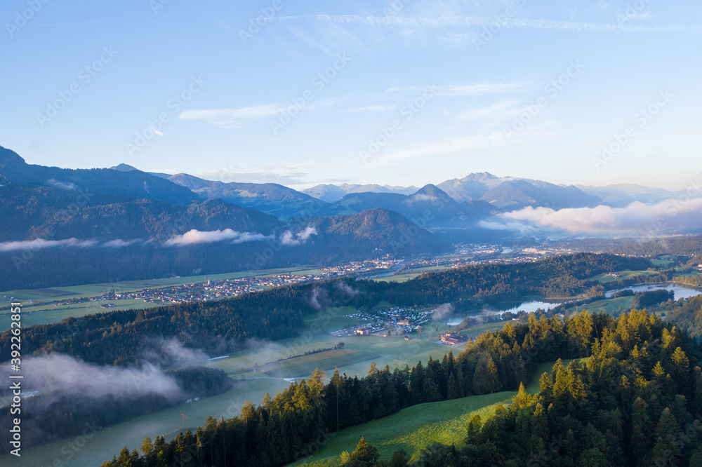 Drone panorama over Tyrol landscape, at sunrise in Austria.