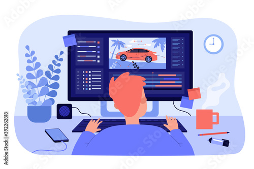 Animator sitting at workplace and creating motion design isolated flat vector illustration. Cartoon artist working on computer. Graphic creator profession and animation concept