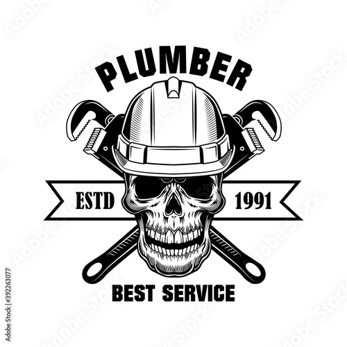 Plumbers skull vector illustration. Skeleton head in hardhat with crossed wrenches and best service text. Plumbing or job concept for emblems and labels templates