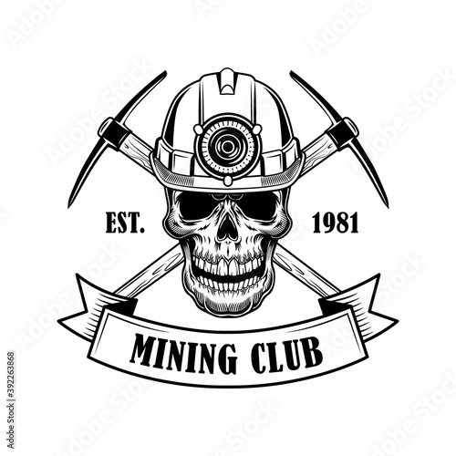 Coal miners skull vector illustration. Head of skeleton in helmet with torch, crossed twibills and text. Coal mining tools concept for emblems and badges templates