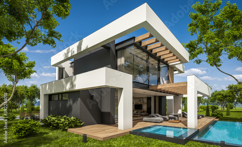 3d rendering of modern cozy house with pool and parking for sale or rent in luxurious style and beautiful landscaping on background. Summer sunny day with clear blue sky.