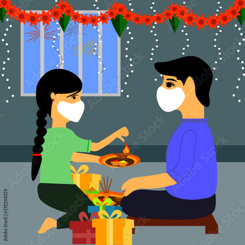 Vector of Indian family people celebrating Bhai Dooj with wearing medical face mask, Happy diwali. 