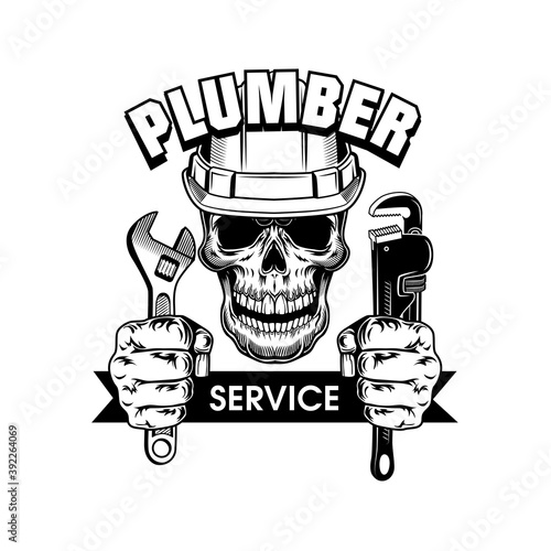 Plumbers instruments vector illustration. Skull in hardhat, hands holding adjustable spanners and service text. Plumbing or job concept for emblems and labels templates
