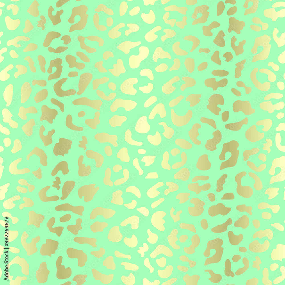 Golden leopard and Jaguar ornament on green and blue background, pastel shade of mint color. Print, fashion pattern in vector graphics. Abstract Wallpaper, fabric