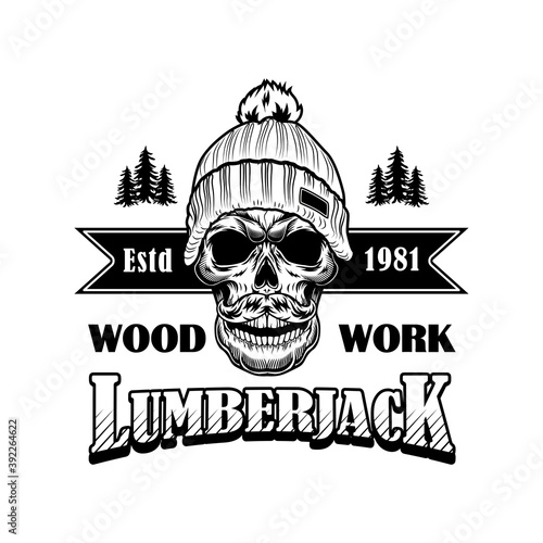 Woodcutter with moustache vector illustration. Head of skeleton in winter hat, woods and lumberjack text. Lumber job or craft concept for labels or tattoo templates