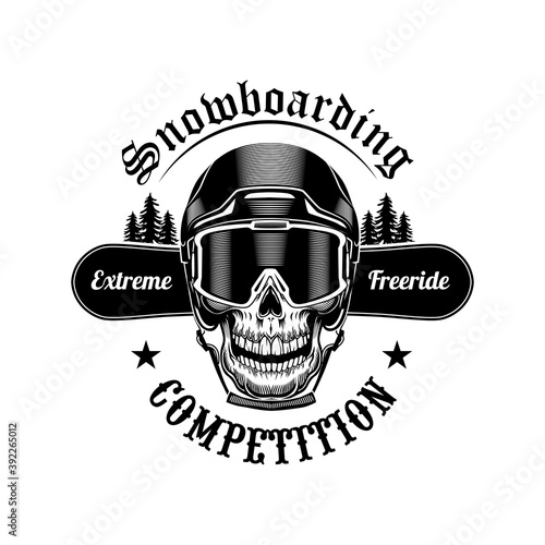 Skull of snowboarder vector illustration. Head of skeleton in helmet, extreme freeride text on board. Winter activity and sport concept for ski resort or club and communities emblems templates