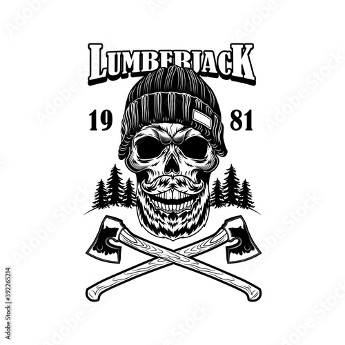 Bearded lumber skull vector illustration. Head of skeleton in winter hat with crossed axes and text. Woodwork or lumberjack concept for emblems or tattoo templates