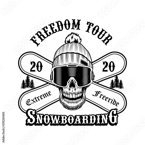 Skull of snowboarder in hat vector illustration. Head of skeleton, extreme freeride text on crossed boards. Winter activity and sport concept for ski resort or club and communities emblems templates