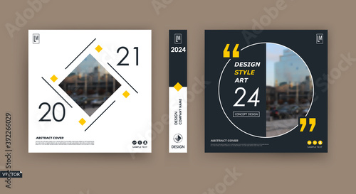 White book binder mockup. Brochure cover design. Title sheet model set. Modern vector front page art. Urban city house board. Lines frame, rhombus figure, brand logo icon. Ad flyer text font. Black.