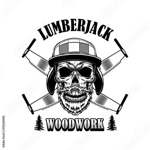 Woodsman vector illustration. Head of skeleton in winter hat, crossed saws and woodwork text. Lumber job or craft concept for labels or tattoo templates