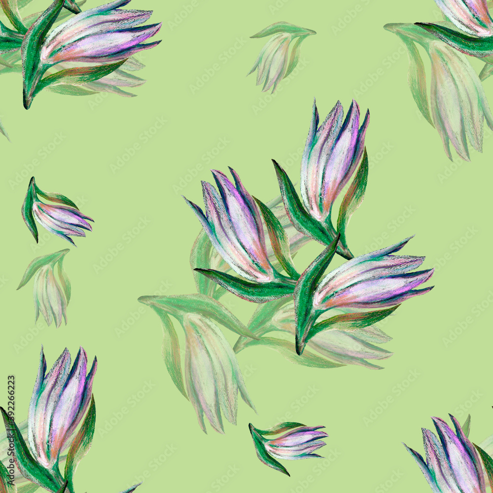 Flowers lily painting in watercolor. Seamless pattern on lime green background. Illustration for decoration. Flowers lily painting in watercolor. Seamless pattern on lime green background. Illustration for decoration.