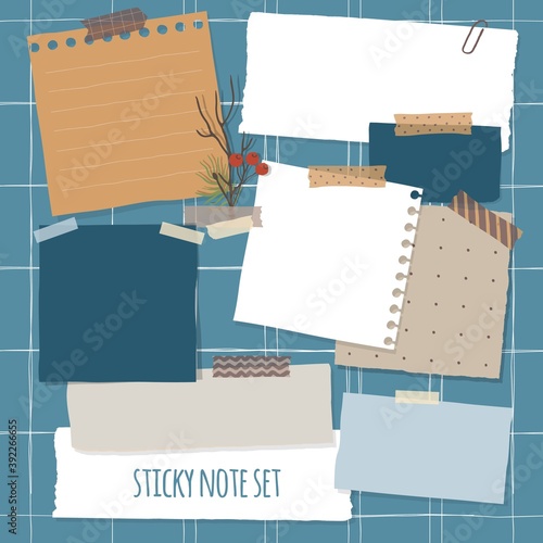 Collection of various notes paper. Colorful sticky note in winter style.