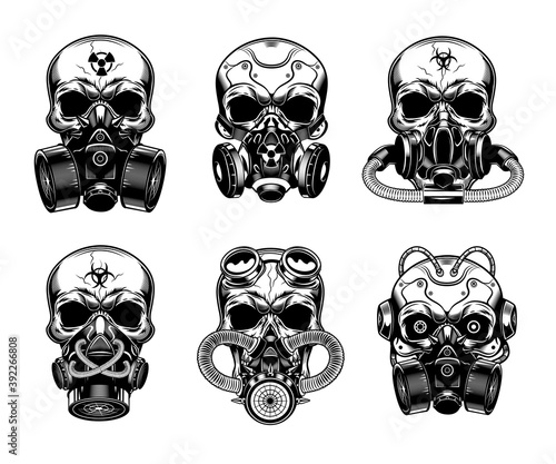 Skulls in respirator vector illustrations set. Head of skeleton In various gas masks. Danger or biohazard concept for badges, emblems or tattoos templates