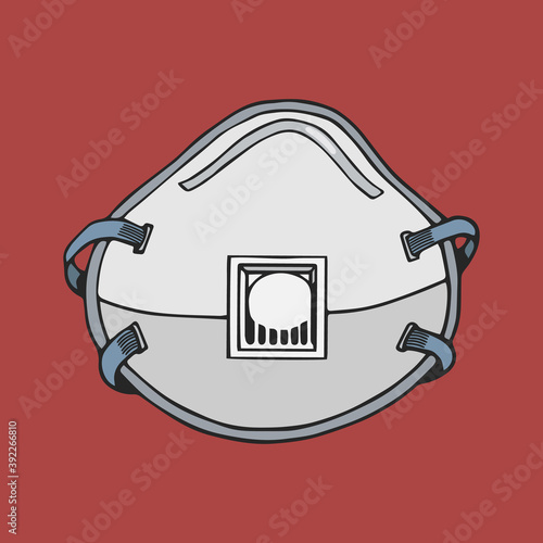 N95 mask to protect outdoor air pollution. Dust protection devices in the air. Safety breathing face masks. Hand drawn color pictogram. Vector icon.