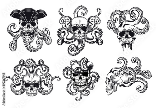Head of skeleton with tentacles vector illustrations set. Octopus in pirate skull. Sea life or death concept for badges, emblems or tattoos templates