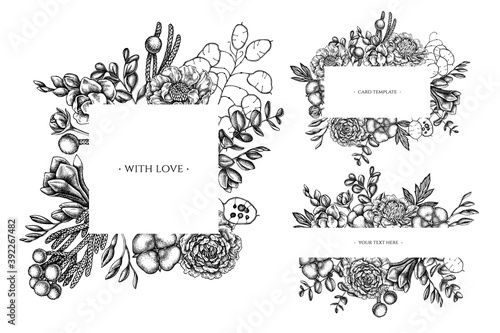 Floral frames with black and white ficus, eucalyptus, peony, cotton, freesia, brunia