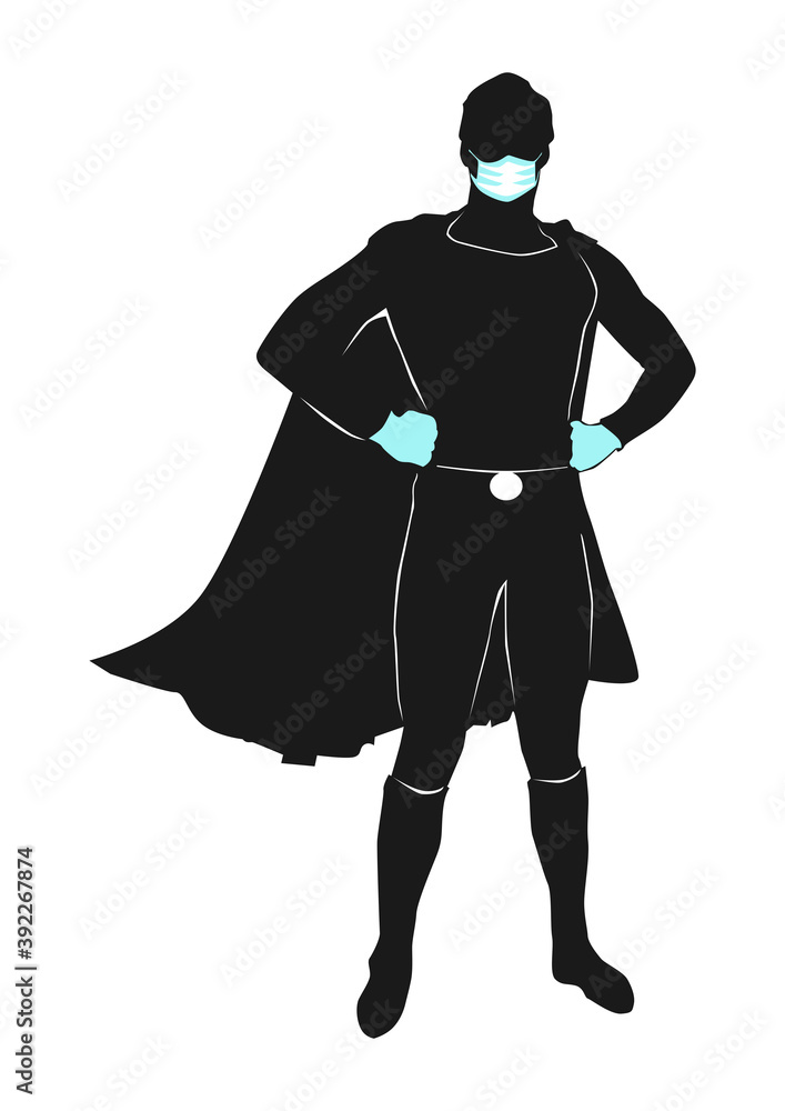 Superhero in the fight against the virus. The silhouette of the hero in a protective mask and gloves. Flat vector.