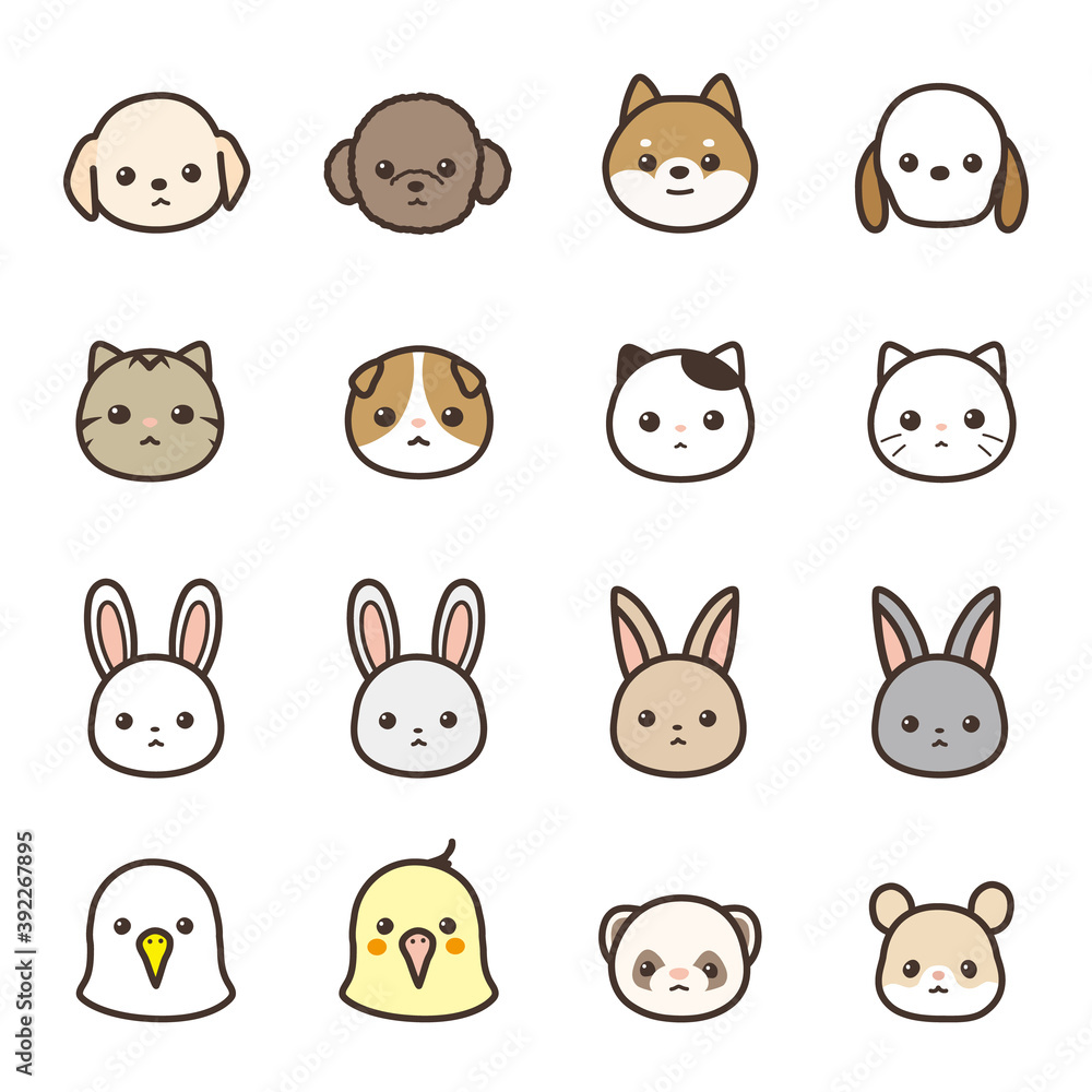 ペット 動物の顔のアイコンセット 犬、猫、うさぎ、フェレット、小鳥、ハムスター ペット 動物の顔のアイコンセット 犬、猫、うさぎ、フェレット、小鳥、ハムスター