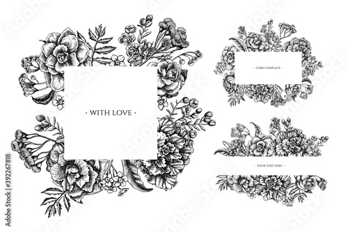 Floral frames with black and white wax flower, forget me not flower, tansy, ardisia, brassica, decorative cabbage