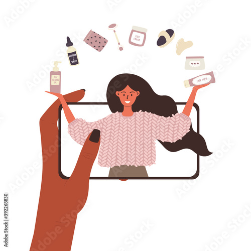 Flat vector cartoon illustration of a woman's hand holding a phone and watching a video of a beautiful beauty blogger girl. Online broadcast view video blogs on beauty by phone