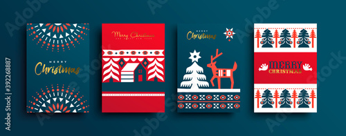 Christmas New Year folk deer geometric card set