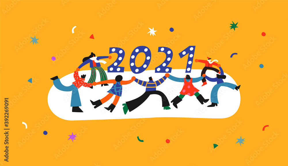 New Year 2021 people dancing cartoon concept New Year 2021 people dancing cartoon concept