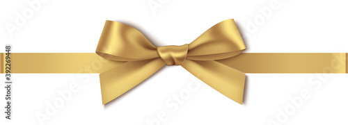 Decorative golden bow with horizontal ribbon isolated on white background. Vector illustration