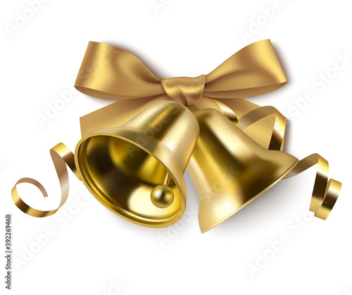 Decorative golden bow and bells  isolated on white background. Christmas and New Year decoration. Vector illustration
