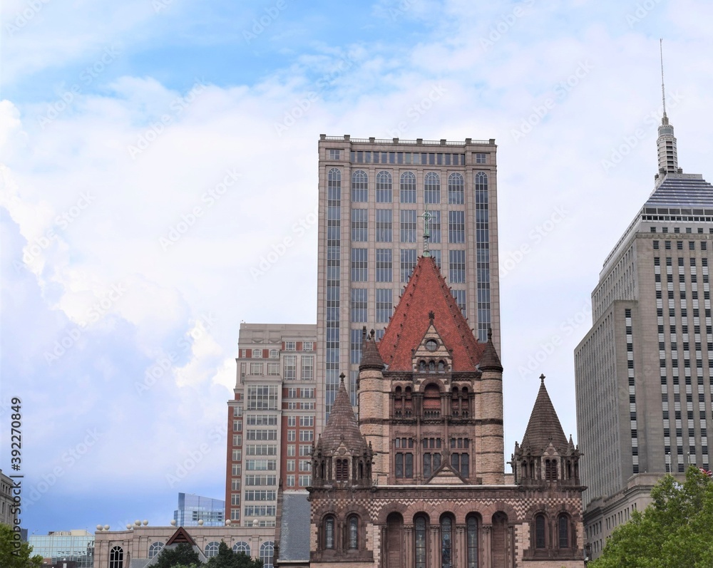 Boston Street View Trinity Church and Its Neighbor Modern High Buildings 
