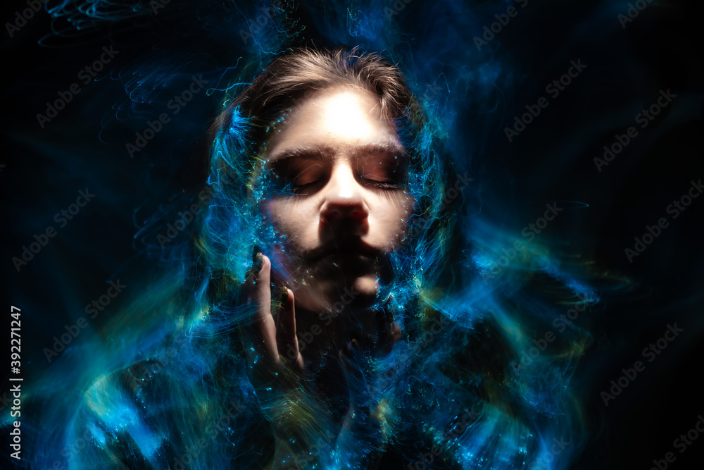 light painting portrait, new art direction, long exposure , light drawing at long exposure