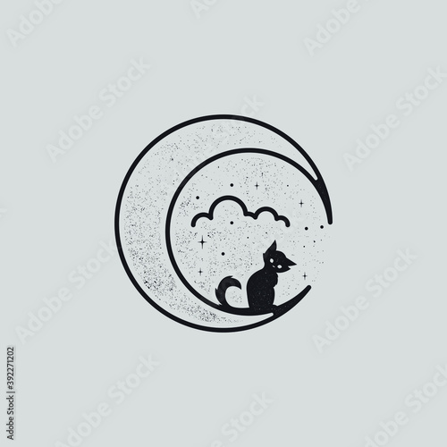 a cat in the moon mono line style vector illustration