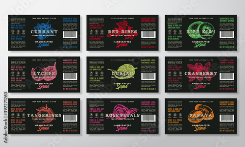 Handcrafted Spread or Jam Labels Template Collection. Abstract Vector Packaging Design Layouts Set. Modern Typography Banners with Hand Drawn Fruits, Berries and Rose Silhouettes Background. Isolated