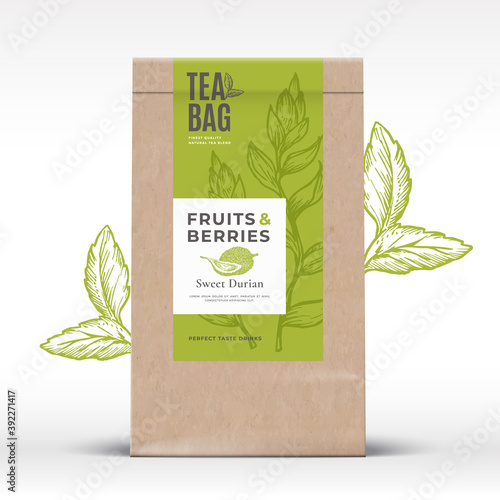 Craft Paper Bag with Fruit and Berries Tea Label. Abstract Vector Packaging Design Layout with Realistic Shadows. Modern Typography, Hand Drawn Durian and Leaves Silhouettes Background. Isolated