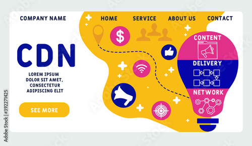 Vector website design template . CDN - Content Delivery Network acronym, business concept. illustration for website banner, marketing materials, business presentation, online advertising.