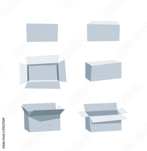 Carton Open and Closed Recycling Boxes Set. Cartoon Style Illustration Delivery Packaging. Flat Graphic Design Forwarding Clip Art. Vector Collection Mockup Isolated on White Background