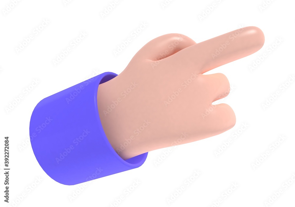 3D render, plastic cartoon caucasian hand with index finger. Indicating, showing something. Hand gesture. 3D render, plastic cartoon caucasian hand with index finger. Indicating, showing something. Hand gesture.