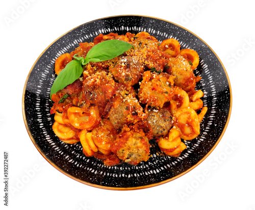 Beef and pork meatballs Al Forno with trulli pasta in tomato sauce meal isolated on a white background photo