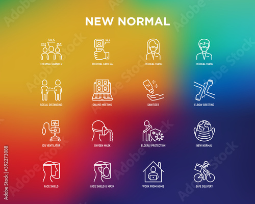 New normal thin line icons set: thermal camera, surgical mask, social distancing, online meeting, elbow greeting, ICU ventilator, oxygen mask, protection of elderly. Coronavirus. Vector illustration.