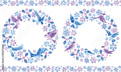 冬　雪の結晶　小鳥フレームセット