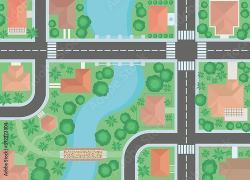 River crossing town from above illustration, aerial view of residential buildings, parks and roads vectors