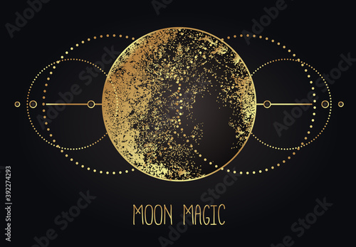 Moon magic. Triple moon pagan Wicca moon goddess symbol. Three-faced Goddess. Maiden, Mother, Crone vector illustration. Tattoo, astrology, alchemy, boho and magic symbol golden over black.