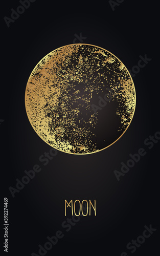 Moon magic. Triple moon pagan Wicca moon goddess symbol. Three-faced Goddess. Maiden, Mother, Crone vector illustration. Tattoo, astrology, alchemy, boho and magic symbol golden over black.