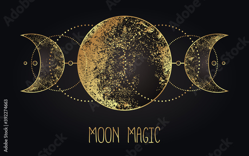 Moon magic. Triple moon pagan Wicca moon goddess symbol. Three-faced Goddess. Maiden, Mother, Crone vector illustration. Tattoo, astrology, alchemy, boho and magic symbol golden over black.