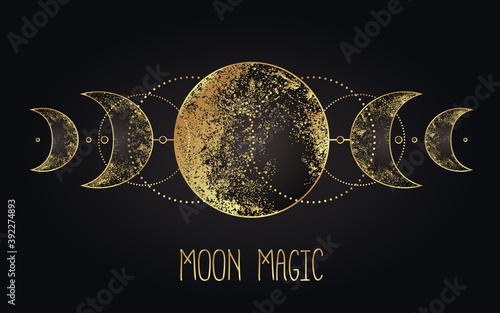 Moon magic. Triple moon pagan Wicca moon goddess symbol. Three-faced Goddess. Maiden, Mother, Crone vector illustration. Tattoo, astrology, alchemy, boho and magic symbol golden over black.